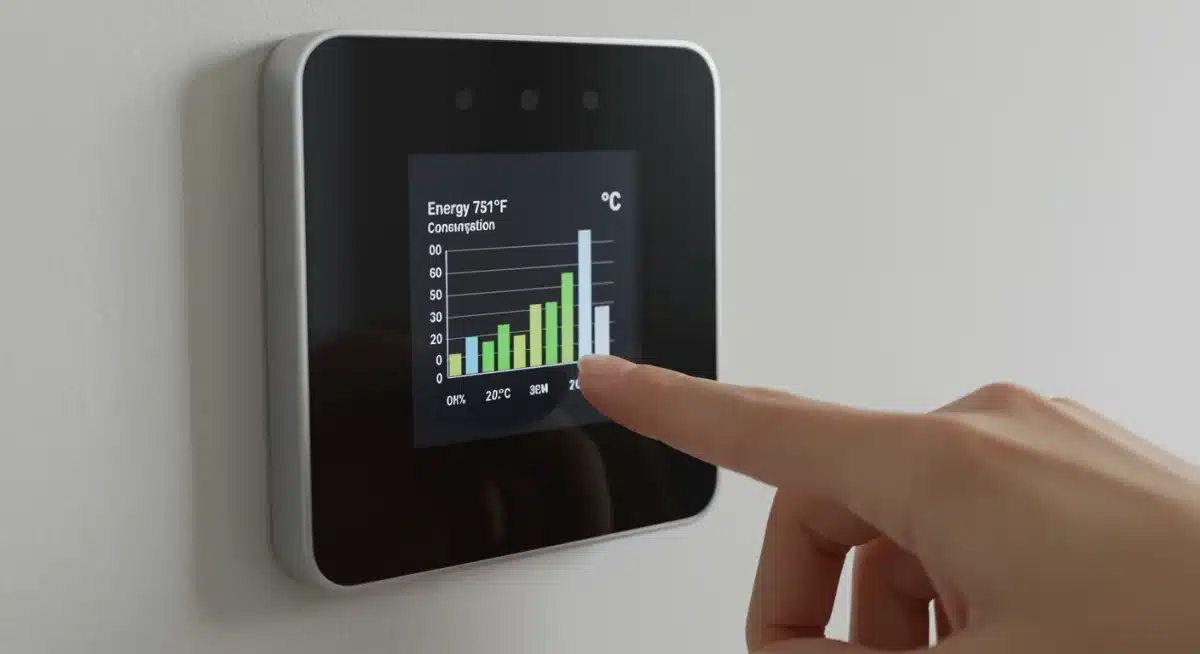 Smart thermostat displaying energy usage and temperature settings