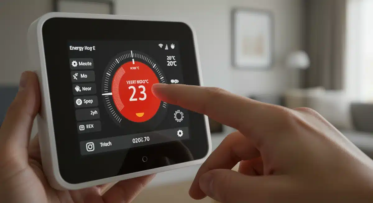 Smart thermostat displaying energy usage data and being adjusted