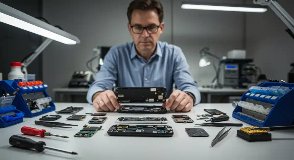 Technician working on a smartphone on a clean workbench, illustrating the detailed refurbishment process and quality assurance checks.