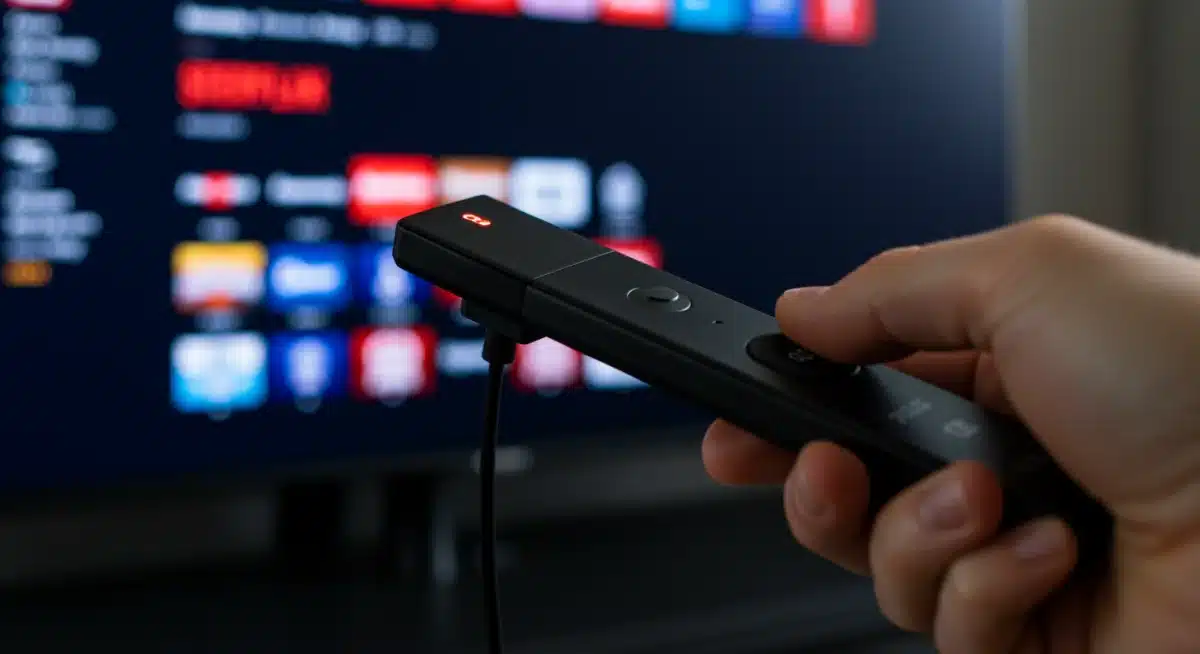 Streaming stick plugged into TV with remote, showcasing digital entertainment access