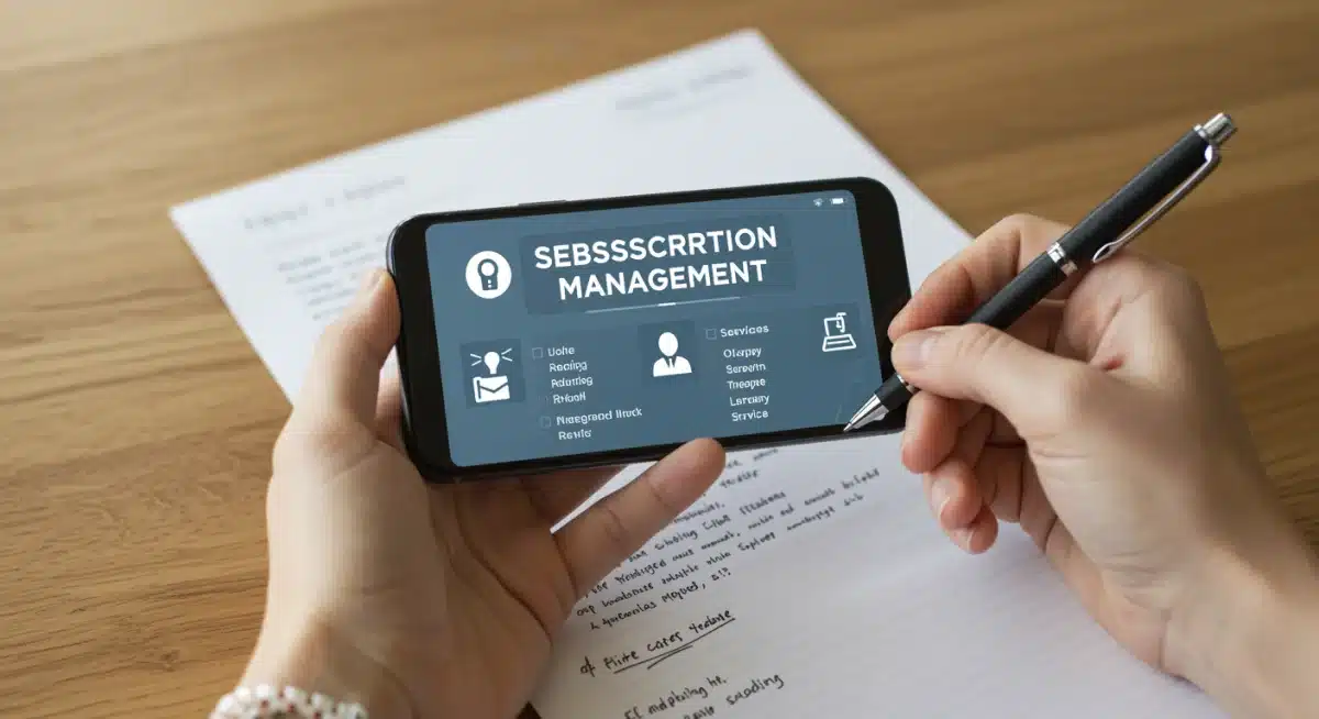 Tracking and evaluating digital subscriptions on a smartphone with pen and paper for financial planning.