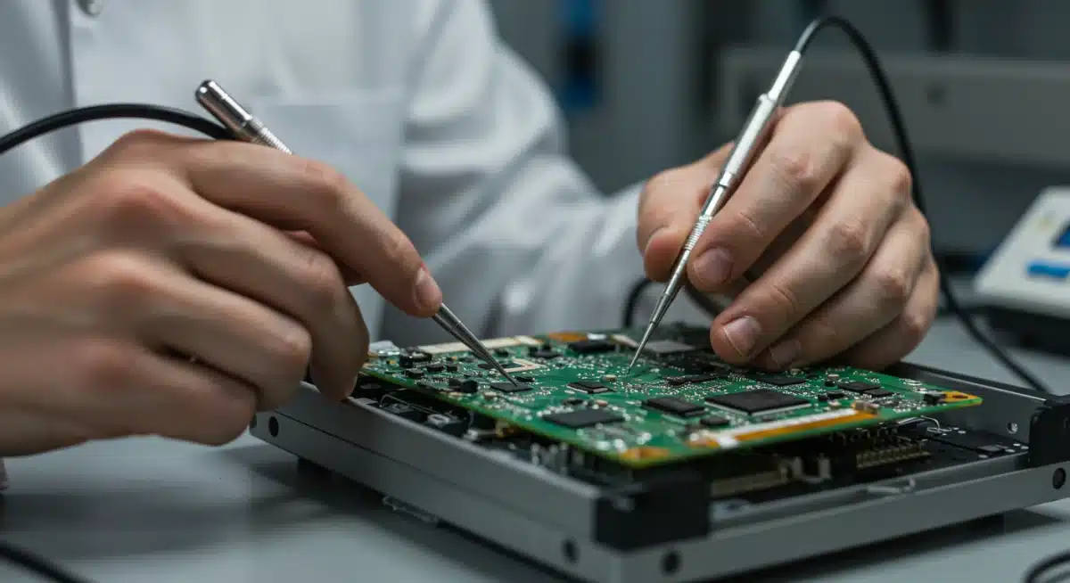 Technician meticulously inspecting a circuit board during the refurbishment process.