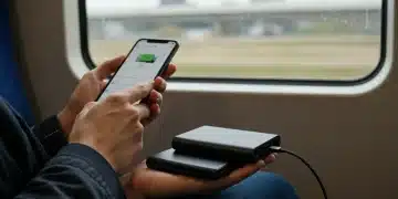 Traveler charging phone with a portable power bank on a train journey
