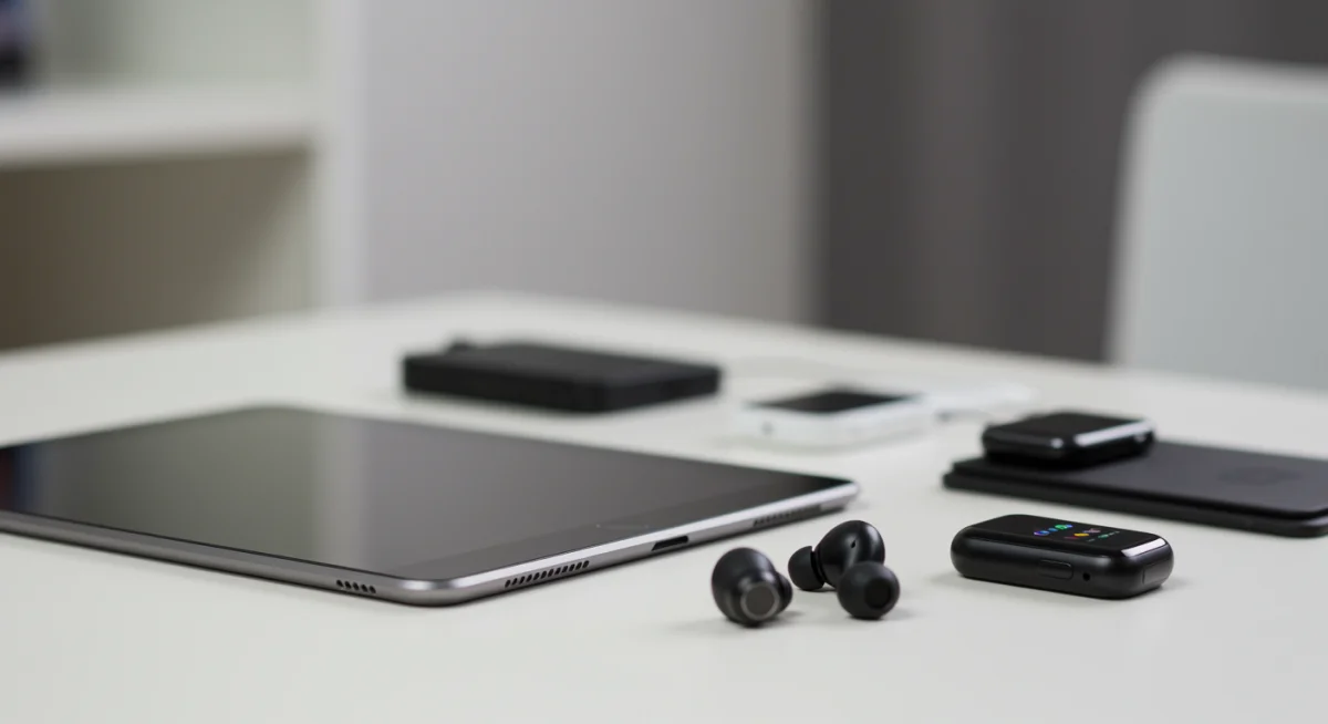 Assortment of refurbished tech gadgets including a tablet, wireless earbuds, and smartwatch, demonstrating quality and variety.