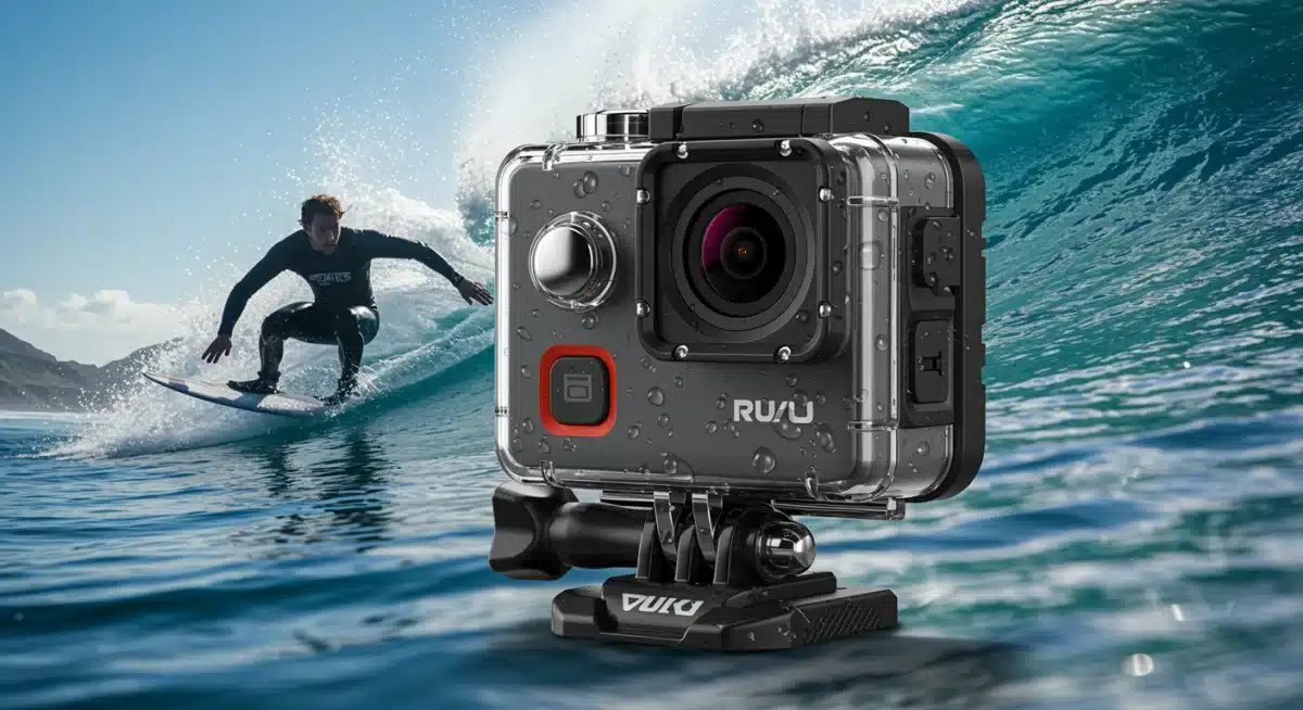 Rugged action camera close-up with waterproof casing and stabilization features.